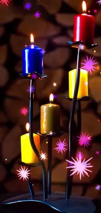 This phone live wallpaper showcases three candles on a rustic table with a stunning animation of shooting stars