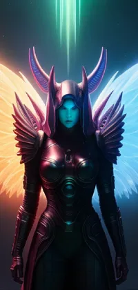 This phone live wallpaper showcases a stunning image of a woman dressed in angelic attire and adorned with neon armor