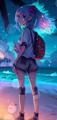 This phone live wallpaper features an anime girl standing on a beach at night