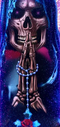 This mobile wallpaper features a stunning digital painting of a praying skeleton set against a background of roses
