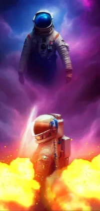 This phone live wallpaper depicts two astronauts standing in front of a powerful space explosion