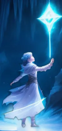 This stunning live wallpaper features a mystical woman in a flowing white dress holding a glowing star and a blue lightsaber