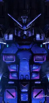This live wallpaper for phones depicts a large, futuristic robot standing inside a building