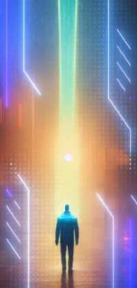 This phone live wallpaper features a minimalist cinematic scene of a man standing in the rain, bathed in orange and cyan lighting