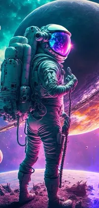 This live phone wallpaper captures the essence of cosmic purple space with a stunning image of a space suit-clad figure standing in front of a mesmerizing planet