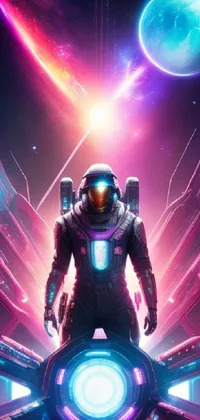 This live phone wallpaper depicts a space suit-clad individual standing atop a spaceship, set against a neon and ultraviolet-colored starry night sky