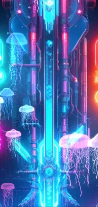 This live phone wallpaper showcases a cyberpunk-style city with stunning neon lights and symmetrical artwork