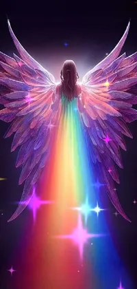 This stunning phone live wallpaper features a magnificent angel on a rainbow background