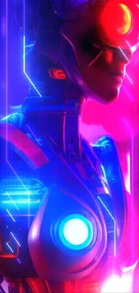 This phone live wallpaper features an impressive cyberpunk art style that depicts a robot with red and blue lights