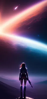 This mobile live wallpaper features a fierce female character standing atop a mountain holding a rifle, against a high-contrast cinematic light background