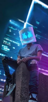 This live wallpaper features a cyberpunk-style art of a person with a box on their head sitting on a ledge