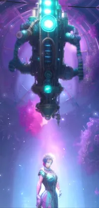This amazing phone live wallpaper showcases spectacular cyberpunk artwork featuring a woman standing on a lush green field surrounded by intricate machinery and brilliant cosmic elements