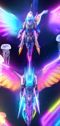 This vibrant phone live wallpaper features two cyberpunk birds with gleaming metallic armor, flying through a futuristic cityscape in vibrant neon colors