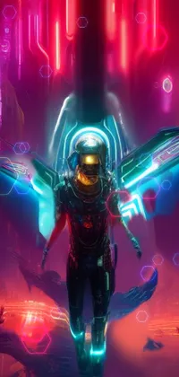 Experience a mind-blowing phone live wallpaper featuring a man in a space suit and a cosmic horror entity with wings, set against a dark backdrop and neon lights