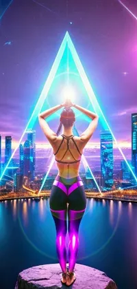 This cyberpunk-inspired live wallpaper features a stunning scene of a woman standing atop a rock next to a body of water