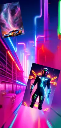 This phone live wallpaper features a vibrant city street at night, lit up by neon lights and retrofuturistic elements, inspired by digital art and 3D renderings