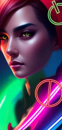 The live wallpaper for your phone depicts a female character with neon lighting around her head, influenced by digital art and the art of realism