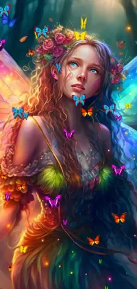 This phone wallpaper depicts a stunning fairy in a lush forest combed by butterflies