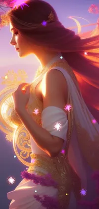 This is an enchanting phone live wallpaper featuring a gorgeous woman with flowing hair that dances in the breeze