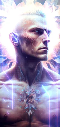 This phone live wallpaper features a close up of a tattooed, symmetrical male deity radiating a glowing aura