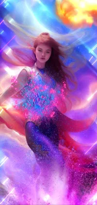 This amazing phone live wallpaper features a beautiful woman in flight, set against a captivating galaxy backdrop