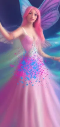 This phone live wallpaper features an airbrush-painted woman in a pink dress holding a purple flower
