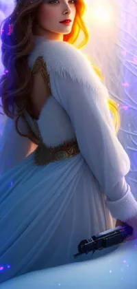 This live wallpaper for phones features a beautiful illustrated woman wearing a white dress and holding a sword in a winter landscape