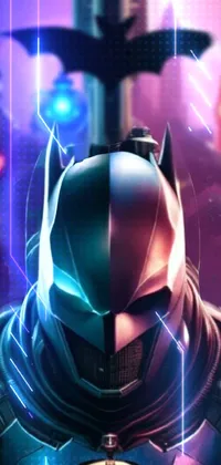 This live wallpaper for your phone showcases a close-up of a Batman poster prominently featuring a stunning city skyline in the background