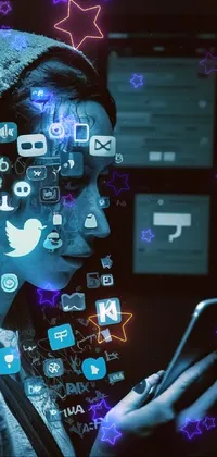 This live wallpaper depicts a hooded woman deeply immersed in her phone, against a backdrop of technology and social media