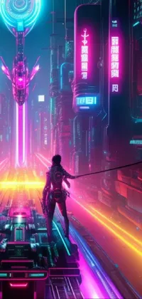 This phone live wallpaper features a high-tech skater moving through a neon cityscape with lots of cables and neon signs