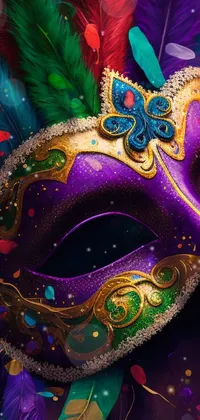 This phone live wallpaper showcases a beautifully detailed carnival mask with feathers in rich, vivid colors, in a digital painting style
