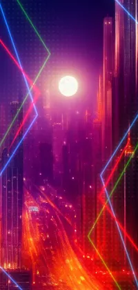 This phone live wallpaper depicts a city at night with a full orange-red moon lighting up the sky