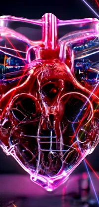 This phone live wallpaper features a dynamic 3D render of a neon heart reactor and a hyper-realistic digital rendering of a glass-like human head with visible veins and nerves
