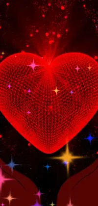 This live wallpaper features two hands holding a red heart surrounded by stars and a red mesh background
