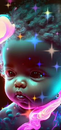 This live wallpaper showcases a stunning digital artwork of a curly-haired baby in an afro-futurist style