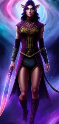 This dynamic live wallpaper features a brave woman in a futuristic purple outfit wielding a glowing sword on a stunning galactic shore