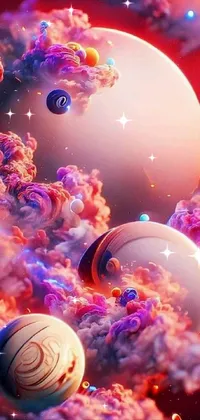 This mesmerizing live wallpaper features a group of planets floating in space against a psychedelic backdrop