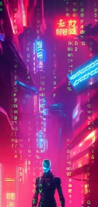 This cyberpunk phone live wallpaper displays a man in a futuristic city at night, with neon lights, tall skyscrapers and otherworldly signage
