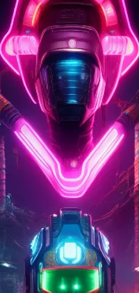This phone live wallpaper showcases a stunning close-up of a futuristic robot with neon lights