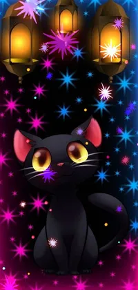 Get the cutest live wallpaper for your phone with a black cat sitting in front of a neon frame! This furry art image features a lucky star above the 3D littlest pet shop cat's head, making it the perfect background for cat lovers