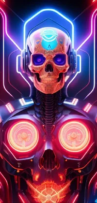 This impressive phone live wallpaper showcases a cyberpunk-inspired skull wearing headphones, set amidst a backdrop of vivid neon lights