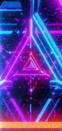 This phone live wallpaper features a dynamic neon triangle in a dark room with a rave-inspired background and neon particles
