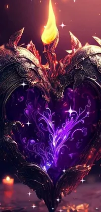 Add a touch of fantasy to your smartphone with this mesmerizing live wallpaper featuring a purple heart bursting with colorful flames