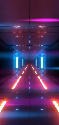 This phone live wallpaper features a neon-lit tunnel with red, blue, pink, and orange lights