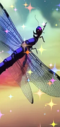 This phone live wallpaper depicts a detailed dragonfly flying against a blue and purple dusk sky, with subtly animated iridescent wings