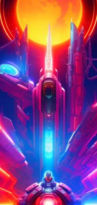 This dynamic phone live wallpaper features a futuristic city surrounded by epic space art and intricate machines, all illuminated by vibrant neon lights