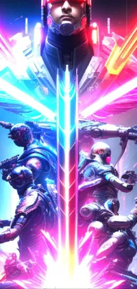Enhance your phone background with this cyberpunk-inspired live wallpaper featuring a group of people standing together in front of neon lights