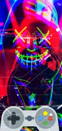 This phone Live Wallpaper features a cyberpunk-inspired digital art of a person in a hoodie with neon wires; creating an ambiance of evil intrigue with its wicked smile and vibrant colors