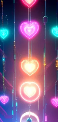 Looking for an ultra-cool and futuristic phone wallpaper? Look no further: this electrifying image features a figure riding on the back of a motorcycle surrounded by neon lights and glowing hearts
