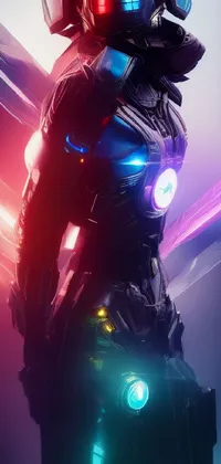 This live phone wallpaper showcases a dynamic digital art design with a zoomed in view of a hero in a helmet and colorful city lights in the background